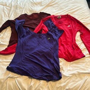 Lot of Small women’s 2 long sleeves (red and maroon ) and 1 3/4 purple shirts